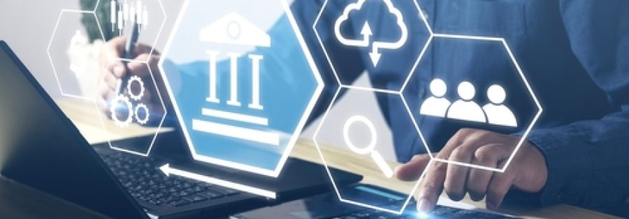 Fintech,(financial,Technology),Concept,,Businessman,Working,With,Laptop,With,Calculator