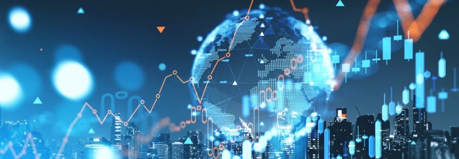 Earth,Sphere,Hologram,With,Candlesticks,And,Growing,Lines.,Panoramic,Bangkok